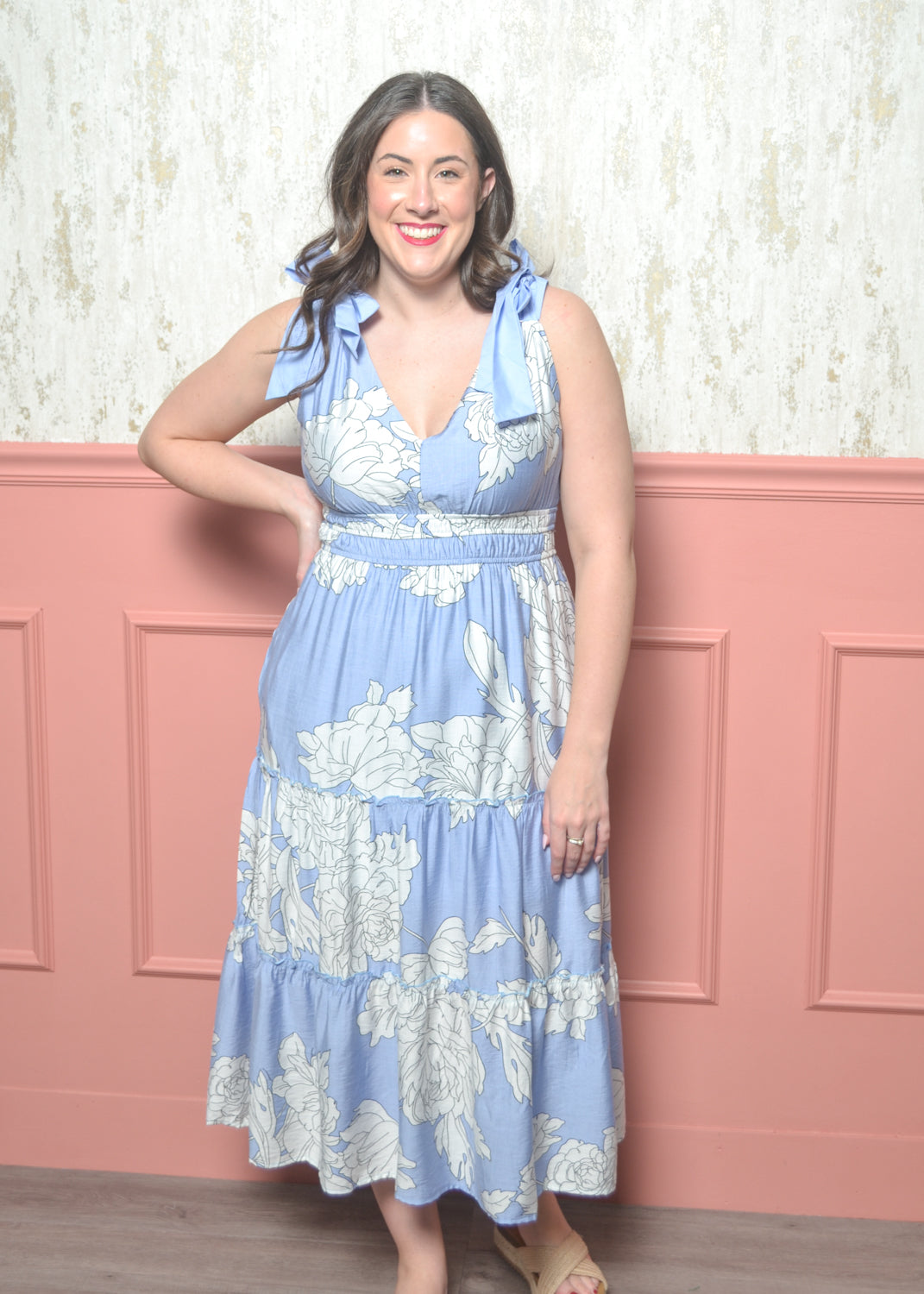 BLUE Bloom Tie-Strap Midi Dress LT BLUE / S BLUE Bloom Tie-Strap Midi Dress LT BLUE / S