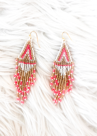 Azteca Beaded Pink, Gold & White Earrings